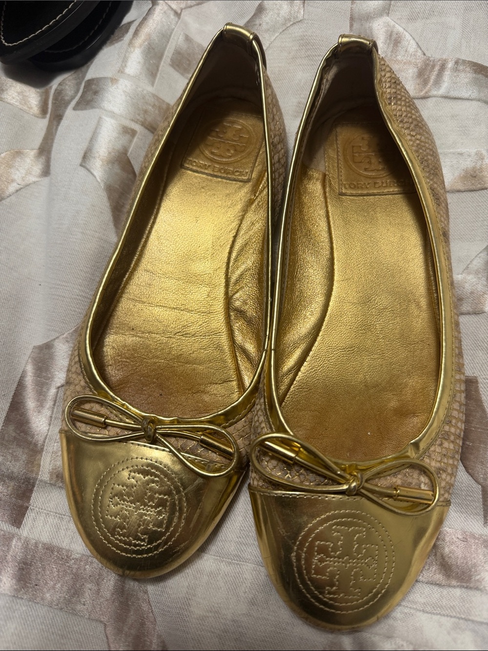 Tory Burch Metallic Gold Logo Ballet Flats